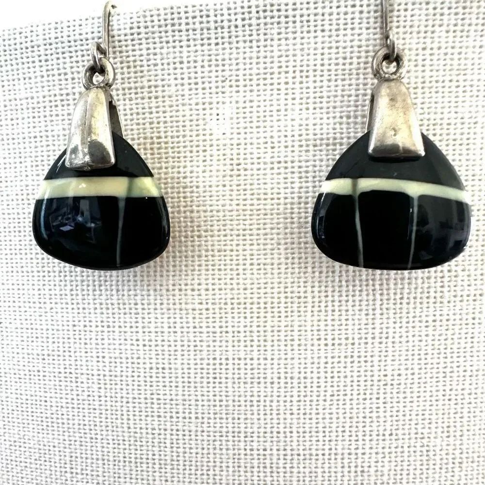 Boho Black Glass Inlay Dangle Earrings